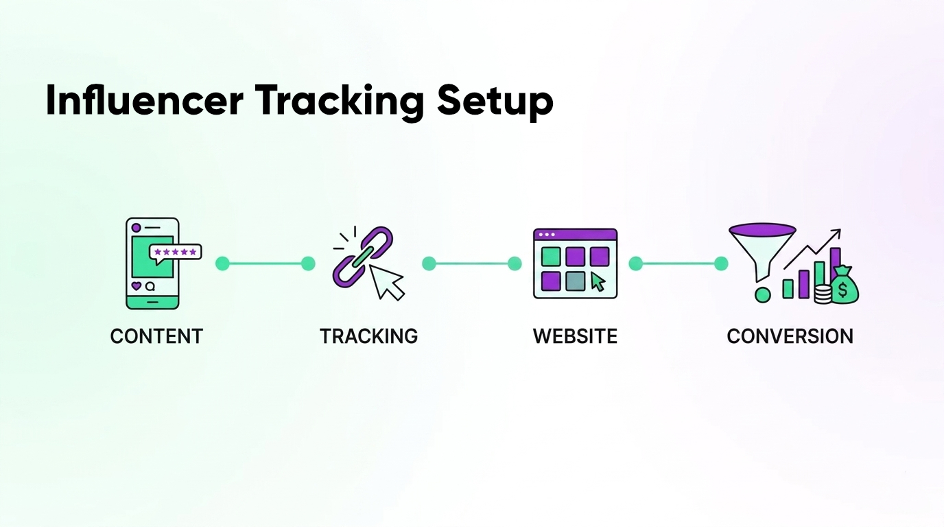 Influencer Tracking Setup mit Datenfluss von Content über Tracking-Link zur Website bis zur Conversion