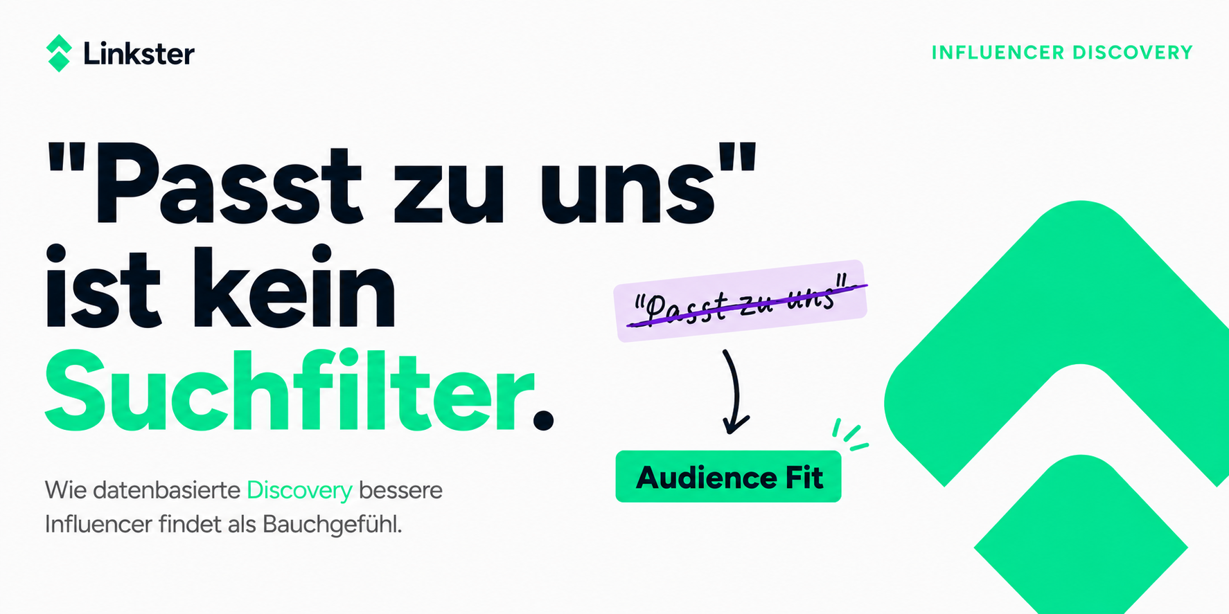 Headergrafik zum Thema Influencer Discovery. Die Grafik zeigt die Aussage "Passt zu uns ist kein Suchfilter" und verdeutlicht den Wechsel von Bauchgefühl zu datenbasierter Creator-Auswahl anhand von Audience Fit.